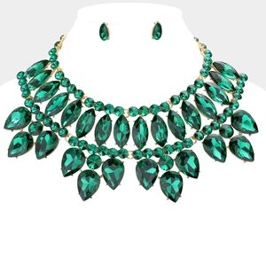 Emerald Green Crystal Cluster Multi Stone Evening Statement Necklace Set